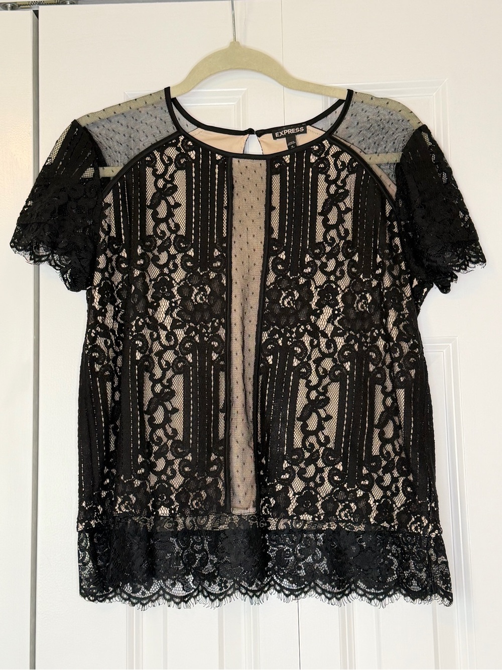 Express Black Lace Top Sheer Mesh Panel Short Sleeve Blouse Size M